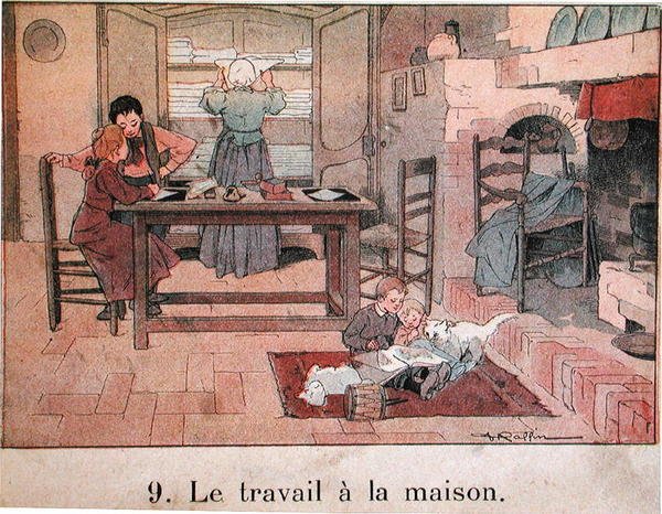 Uma noite de trabalho no campo, ilustração para um livro escolar, c.1900 (lito a cores) de Ferdinand Raffin
