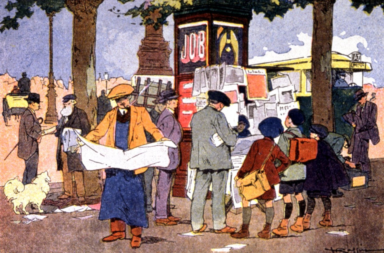 Quiosque de jornais na praça da Bastilha, c.1910 (ilustração) de Ferdinand Raffin