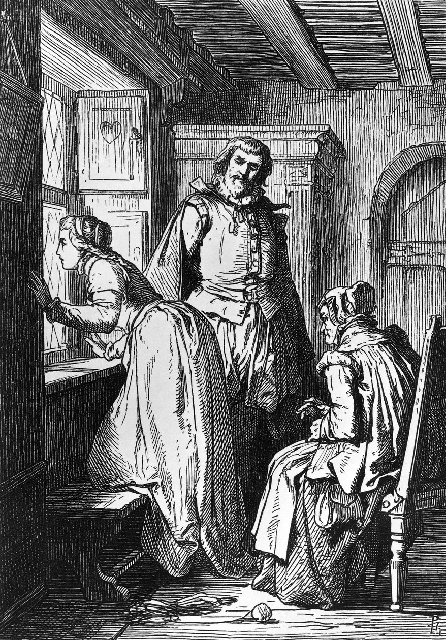 Klaerchen à espera de Egmont, ilustração para Egmont, tragédia de Johann Wolfgang von Goethe (1749-1832), xilogravura após desenho de Ferdinand Rothbart (1823-1899) de Ferdinand Rothbart