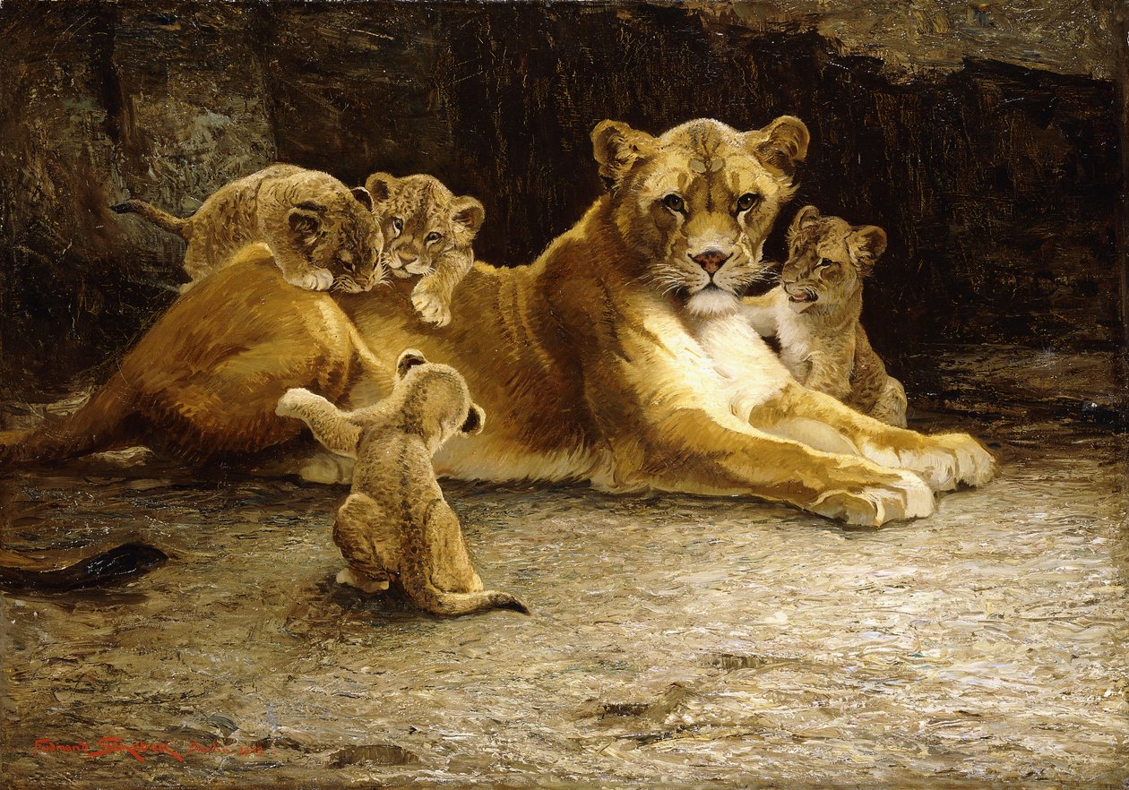 Uma leoa com os seus Leõezinhos de Ferdinand Schebek