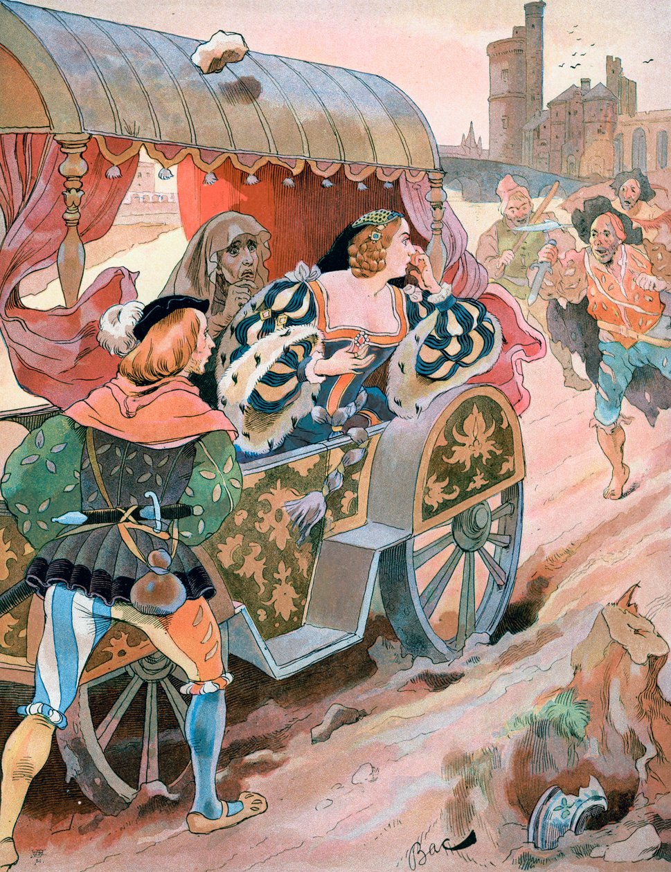Ataque em uma carruagem, Quai de Nesles, Reino de Francisco I, século XVI, c1870-1950. de Ferdinand Sigismund Bac