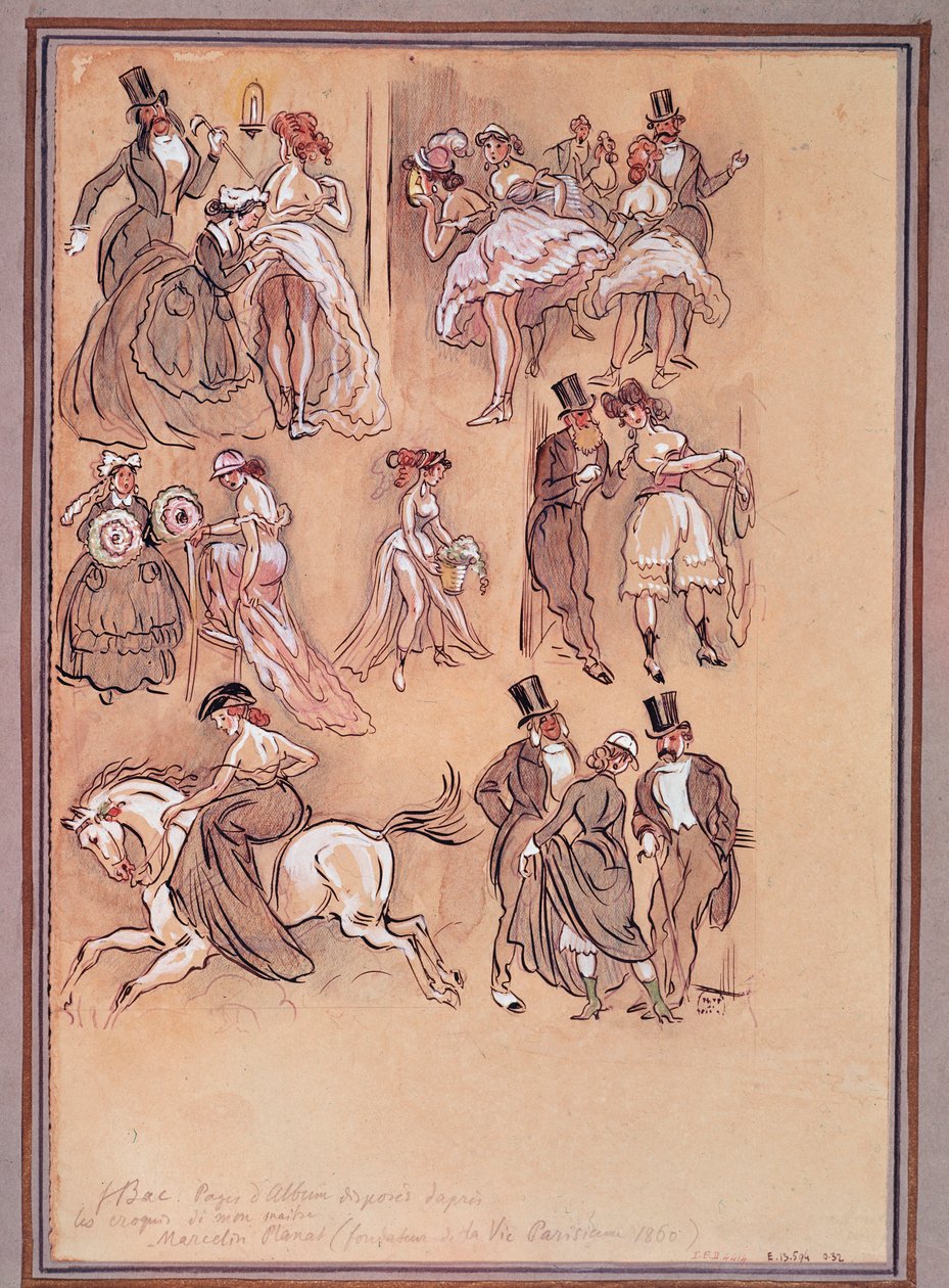 Segundo Império Francês: placa de moda para dançarinos, cavaleiro e cavalheiros elegantes (gravura) de Ferdinand Sigismund Bac