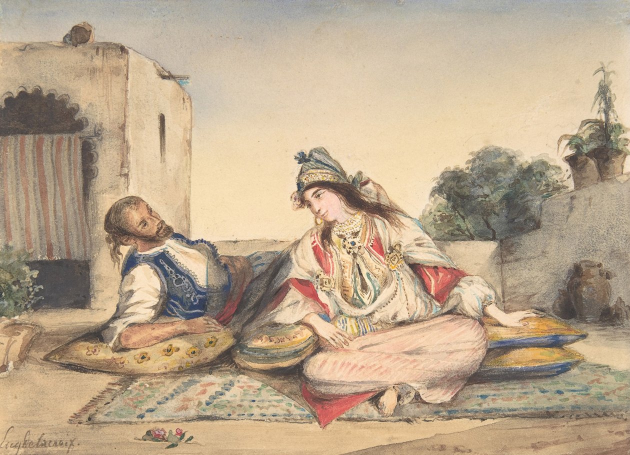 Um casal mouro em seu terraço, 1832 (wc sobre grafite em papel de palha) de Ferdinand Victor Eugene Delacroix