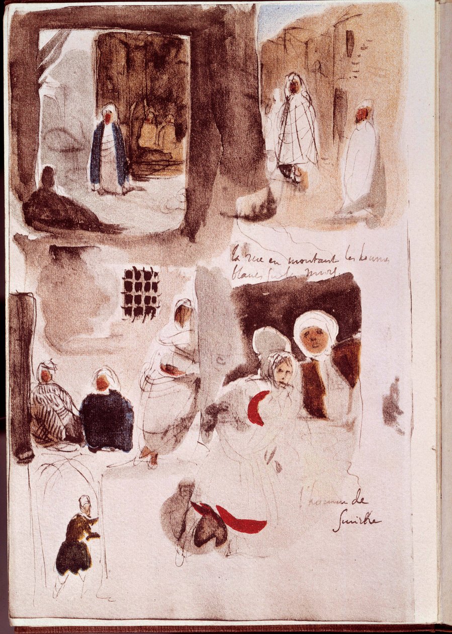 Álbum do Norte de África e Espanha: Ruas, paredes e lojas com personagens em pé ou sentados, incluindo o homem de Smirne. Aquarela com tinta e caneta de Eugene Delacroix (1798-1863) 1832 Sun. 0,19x0,12 m Paris, musee du Louvre de Ferdinand Victor Eugene Delacroix