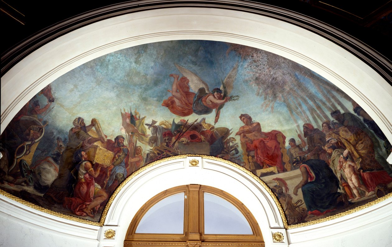Alexandre o Grande (356-323 AC) fazendo as obras de Homere fechadas em um cassete de ouro. Cúpula da biblioteca do Senat no Palais du Luxembourg, Paris. Pintura de Eugene Delacroix (1798-1863) de Ferdinand Victor Eugene Delacroix