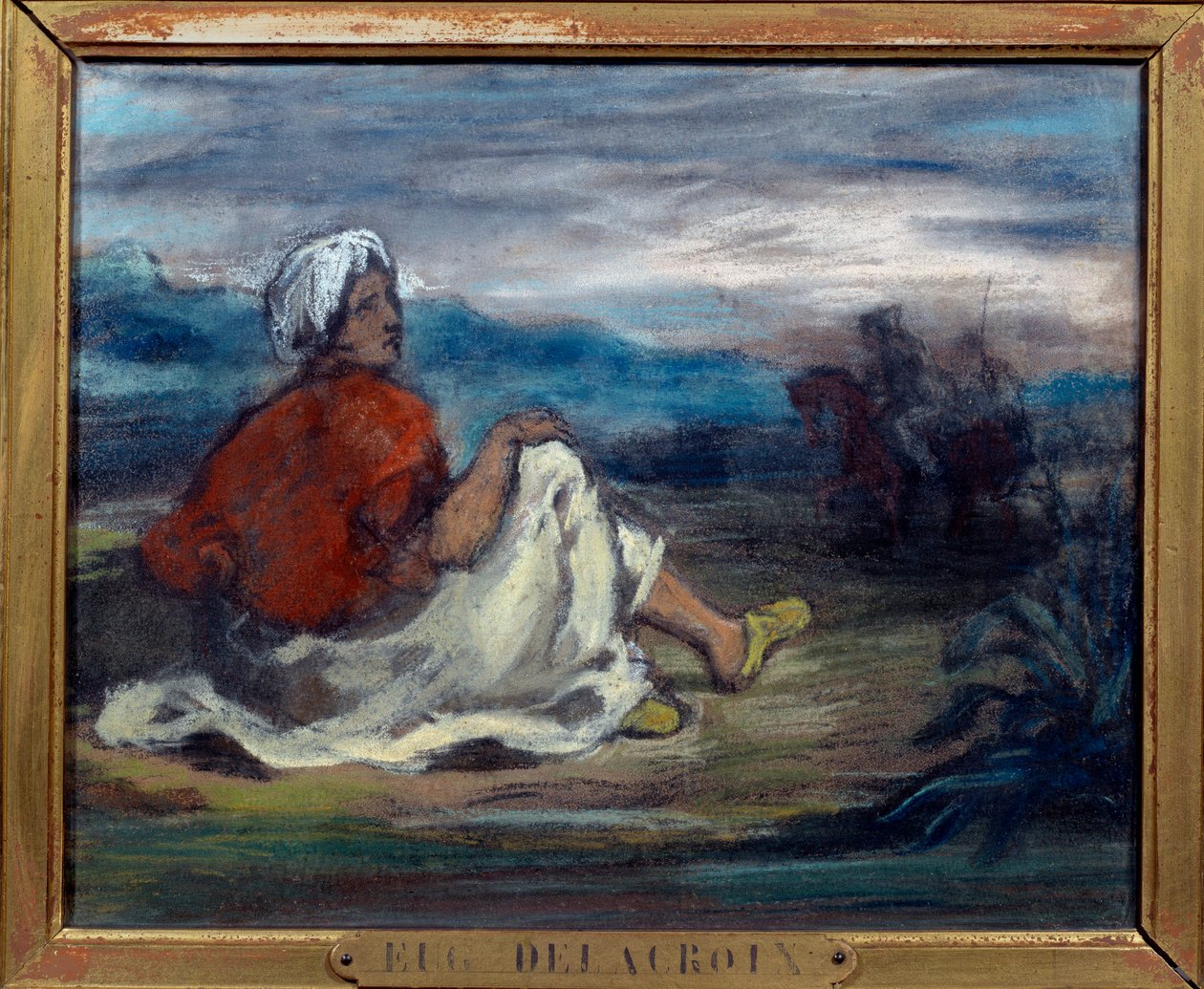 Um árabe sentado no campo na beira de uma estrada Pastel de Eugene Delacroix (1798-1863) Século XIX Coleção Particular de Ferdinand Victor Eugene Delacroix