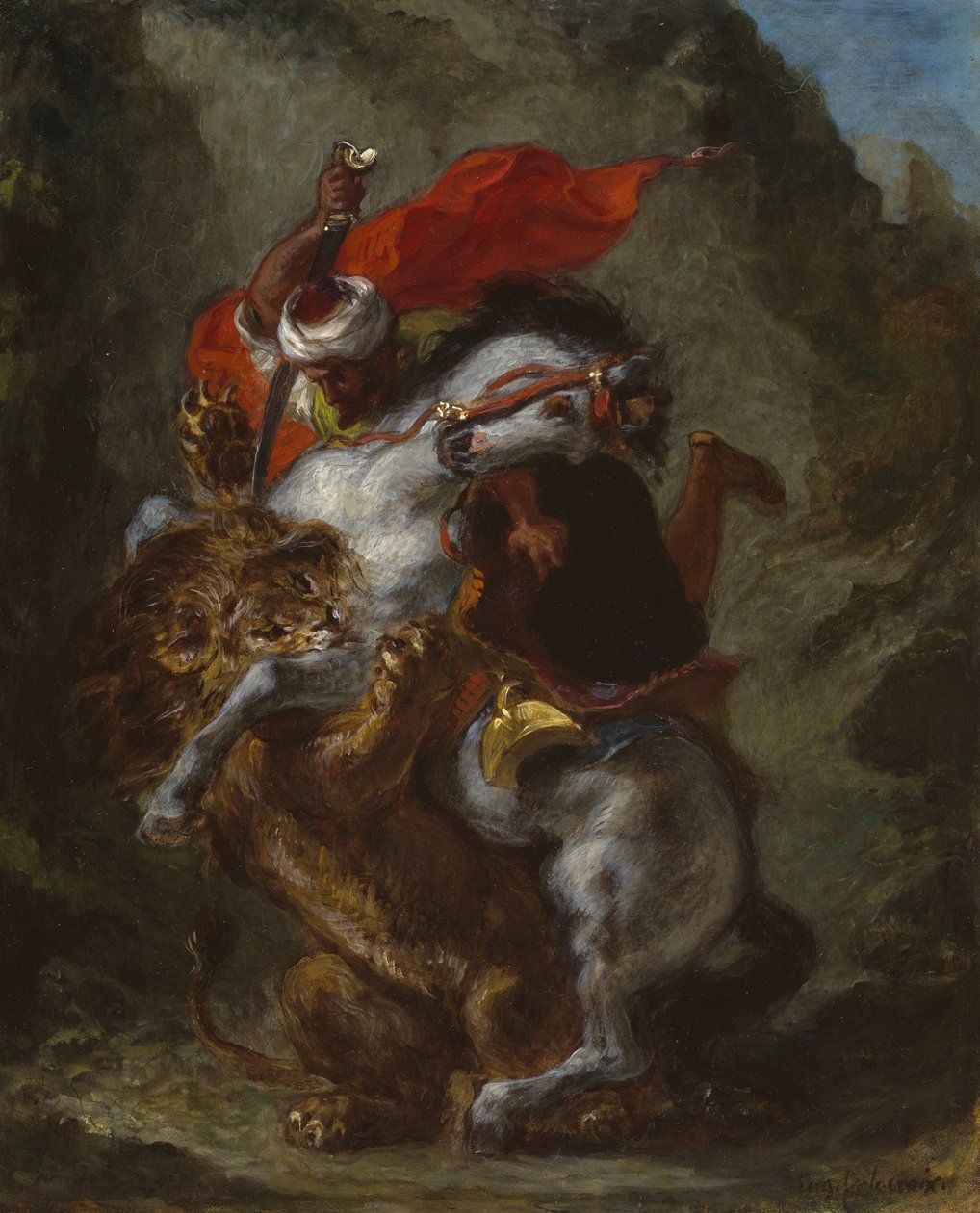 Cavaleiro árabe atacado por um leão, 1849-50 de Ferdinand Victor Eugene Delacroix