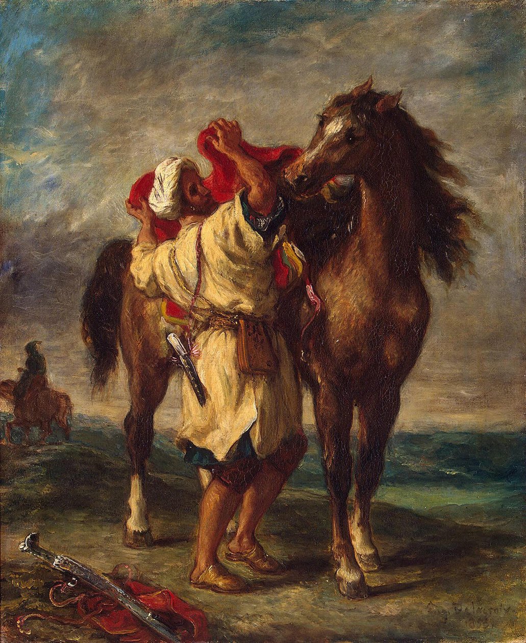 Árabe selando seu cavalo de Ferdinand Victor Eugene Delacroix