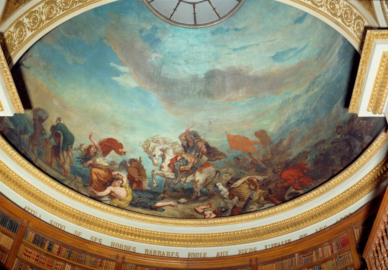 Attila (395-453) chefe da tribo hunos, seguido por suas hordas bárbaras lotaram a Itália em 452 Fresco por Eugene Delacroix (1798-1863) decorando a cúpula da biblioteca da Assembleia Nacional (Palais Bourbon) 1843 Paris de Ferdinand Victor Eugene Delacroix