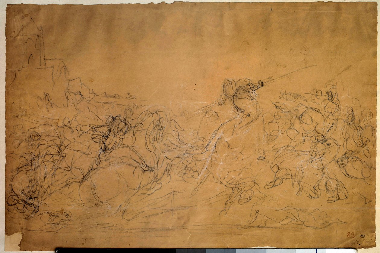 Desenho de Cena de Batalha em Papel de Salmão por Eugene Delacroix (1798-1863) Sol do século XIX. 0,30 X 0,45 m. Paris, Museu do Louvre de Ferdinand Victor Eugene Delacroix