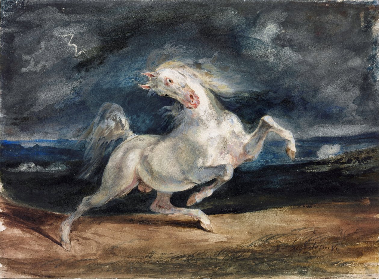 Cavalo assustado por um raio - Delacroix, Eugene (1798-1863) - 1825-1829 - Aguarela, Gouache sobre papel - 23,6x32 - Szepmuveszeti Muzeum, Budapeste de Ferdinand Victor Eugene Delacroix