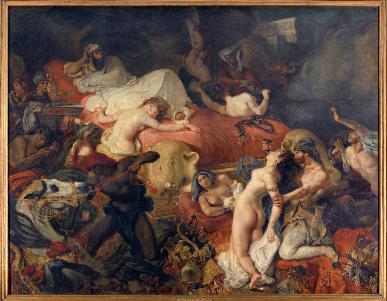Morte de Sardanapale. Sardanapale, rei assírio cercado por insurgências, teve suas esposas e cavalos massacrados antes de se matar. Pintura de Eugene Delacroix (1798-1863) de Ferdinand Victor Eugene Delacroix