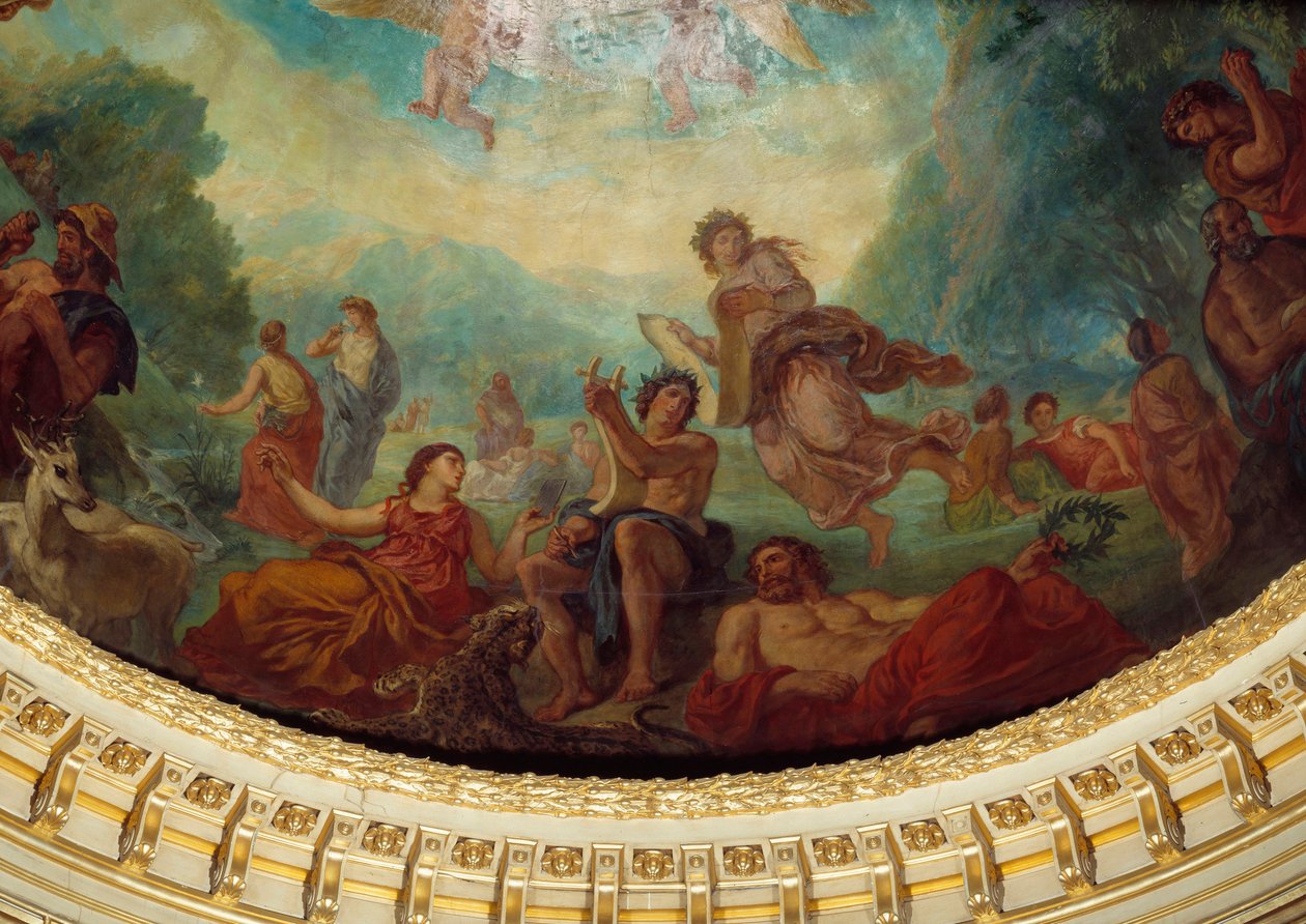 Descida a Limbes: "Orphee, Sapho (Sappho) à esquerda e uma Musa" Detalhe da pintura de Eugene Delacroix (1798-1863) decorando a cúpula da biblioteca do Senado, por volta de 1845. Palais du Luxembourg, Paris de Ferdinand Victor Eugene Delacroix