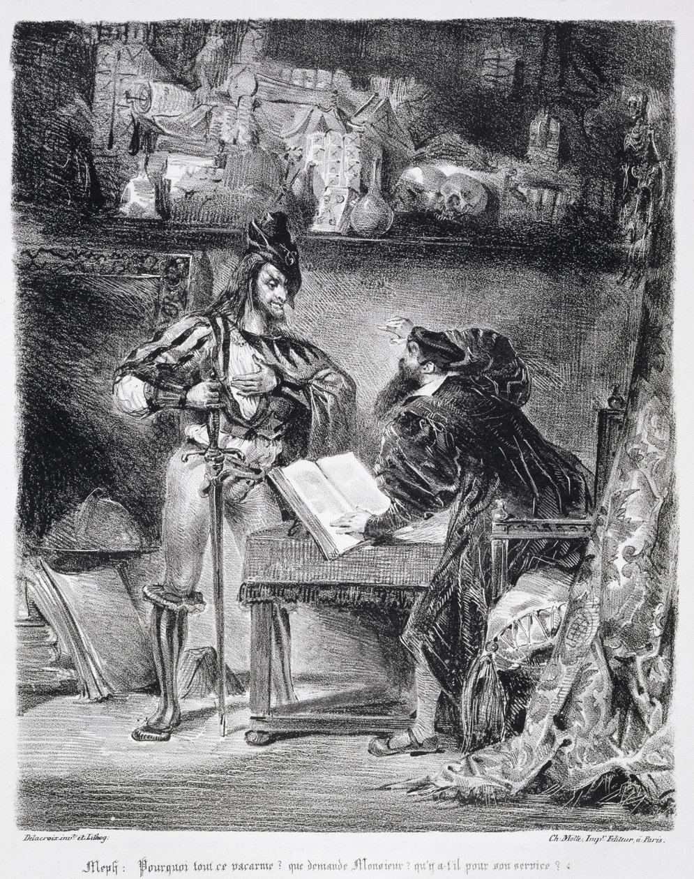 Primeiro Encontro entre Fausto e Mefistófeles: `Por que todo esse ruído &39;, do Fausto de Goethe, 1828, (ilustração) (foto bw de litografia) de Ferdinand Victor Eugene Delacroix