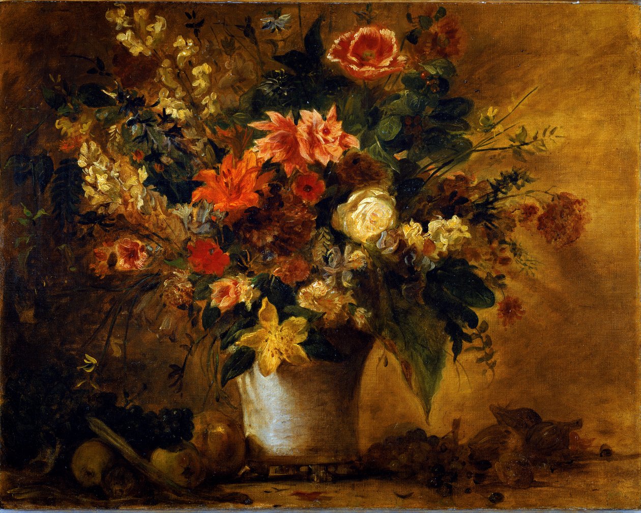 Flores e frutos Bouquet de flores em vaso de gres. Pintura de Eugene Delacroix (1798-1863) 1843 aproximadamente. Sol. 74x93 cm Vienna Kunsthistorisches Museum, Neue Gallery de Ferdinand Victor Eugene Delacroix