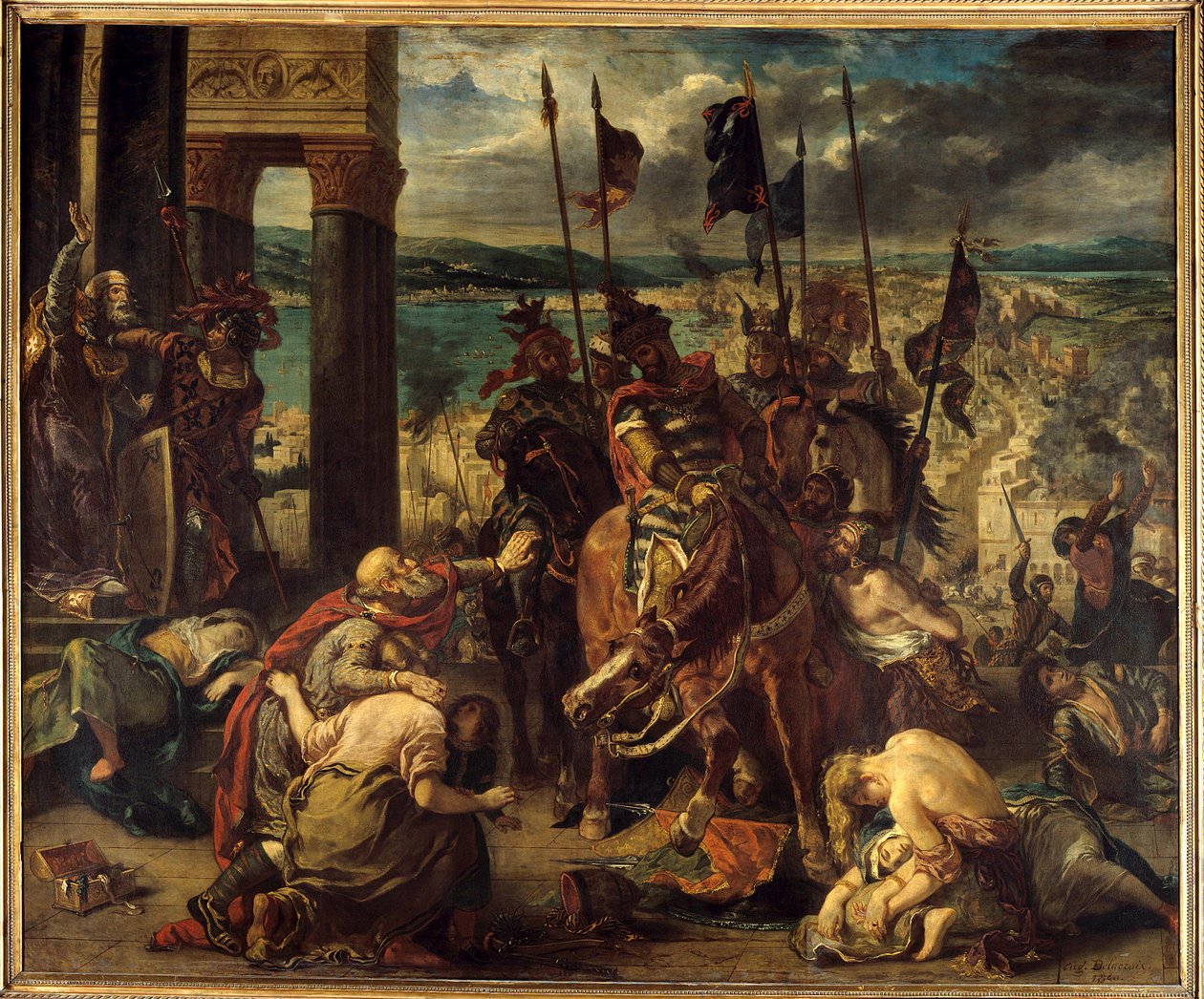 Quarta Cruzada: "A captura de Constantinopla pelas Cruzadas em 12/04/1204" Entrando na cidade, de Baudouin IX de Flandres (ou Baudouin VI de Hainaut) conhecido como Baudouin 1º de Constantinopla (1171-1206), comandante das Cruzadas e Doge Henri Dandolo de Ferdinand Victor Eugene Delacroix
