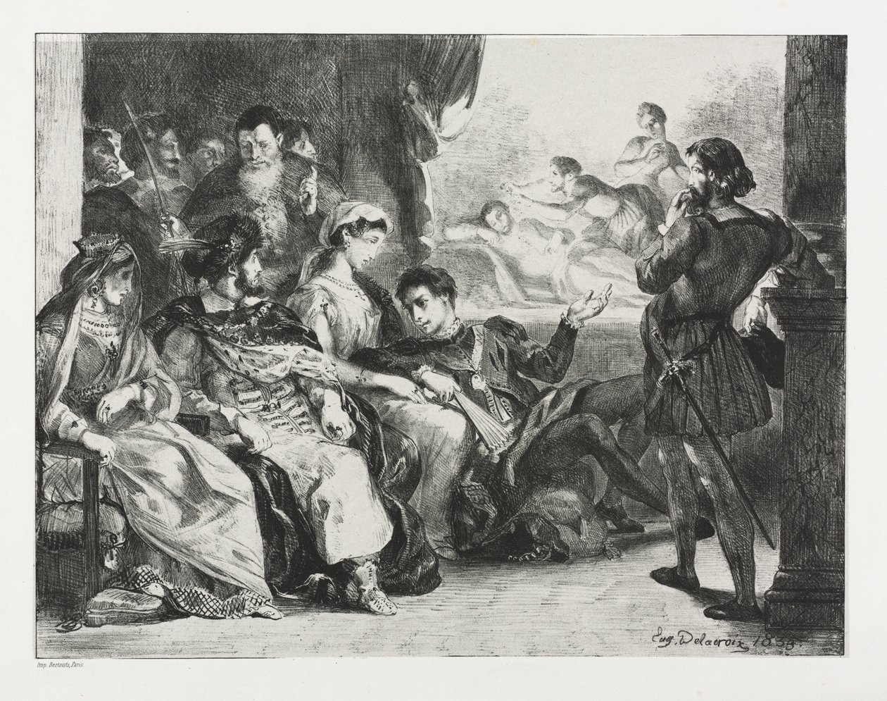 Hamlet: Hamlet ordena que os atores façam uma cena do envenenamento de seu pai, 1834. de Ferdinand Victor Eugene Delacroix