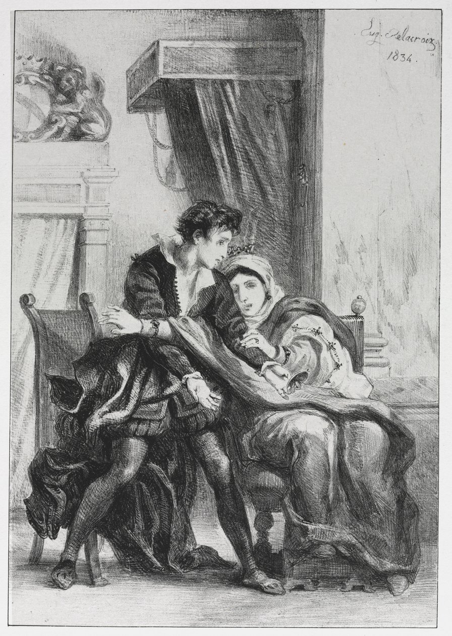 Hamlet: Hamlet e a rainha, 1834. de Ferdinand Victor Eugene Delacroix