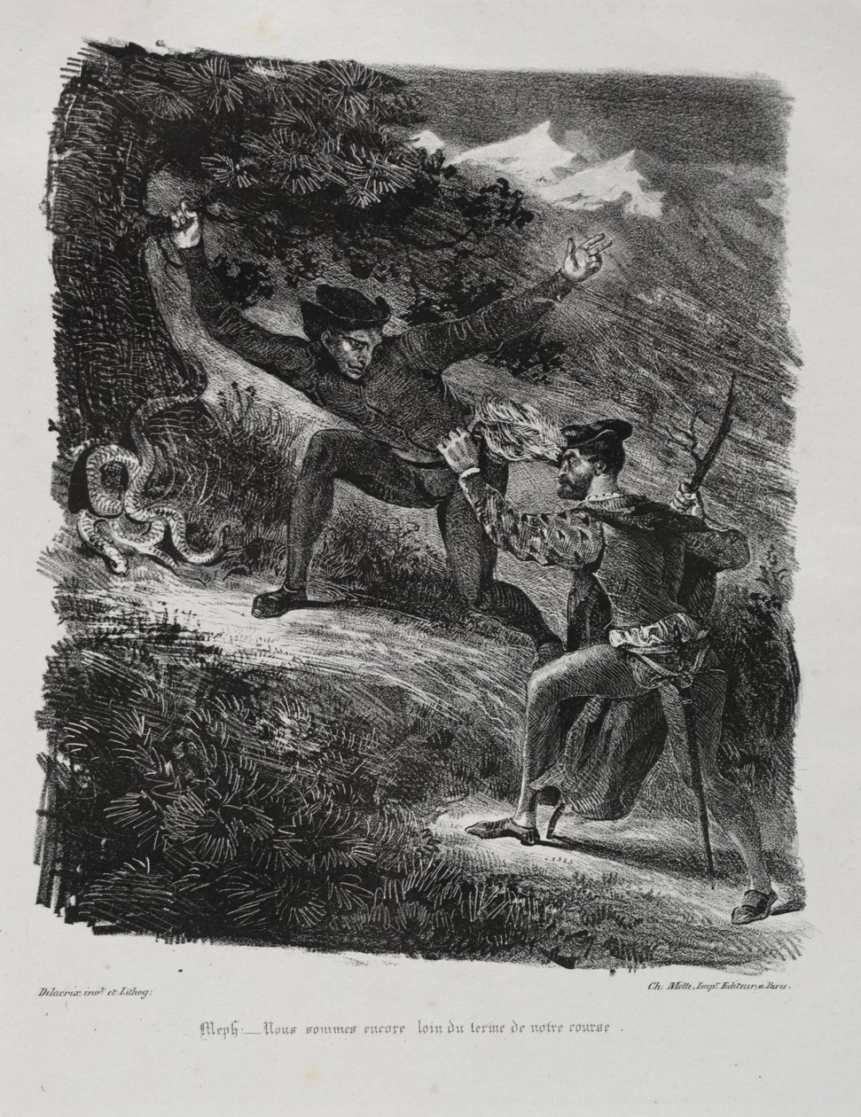 Ilustrações para Faust: Faust e Méphistophélés nas montanhas do Hartz, 1828. de Ferdinand Victor Eugene Delacroix