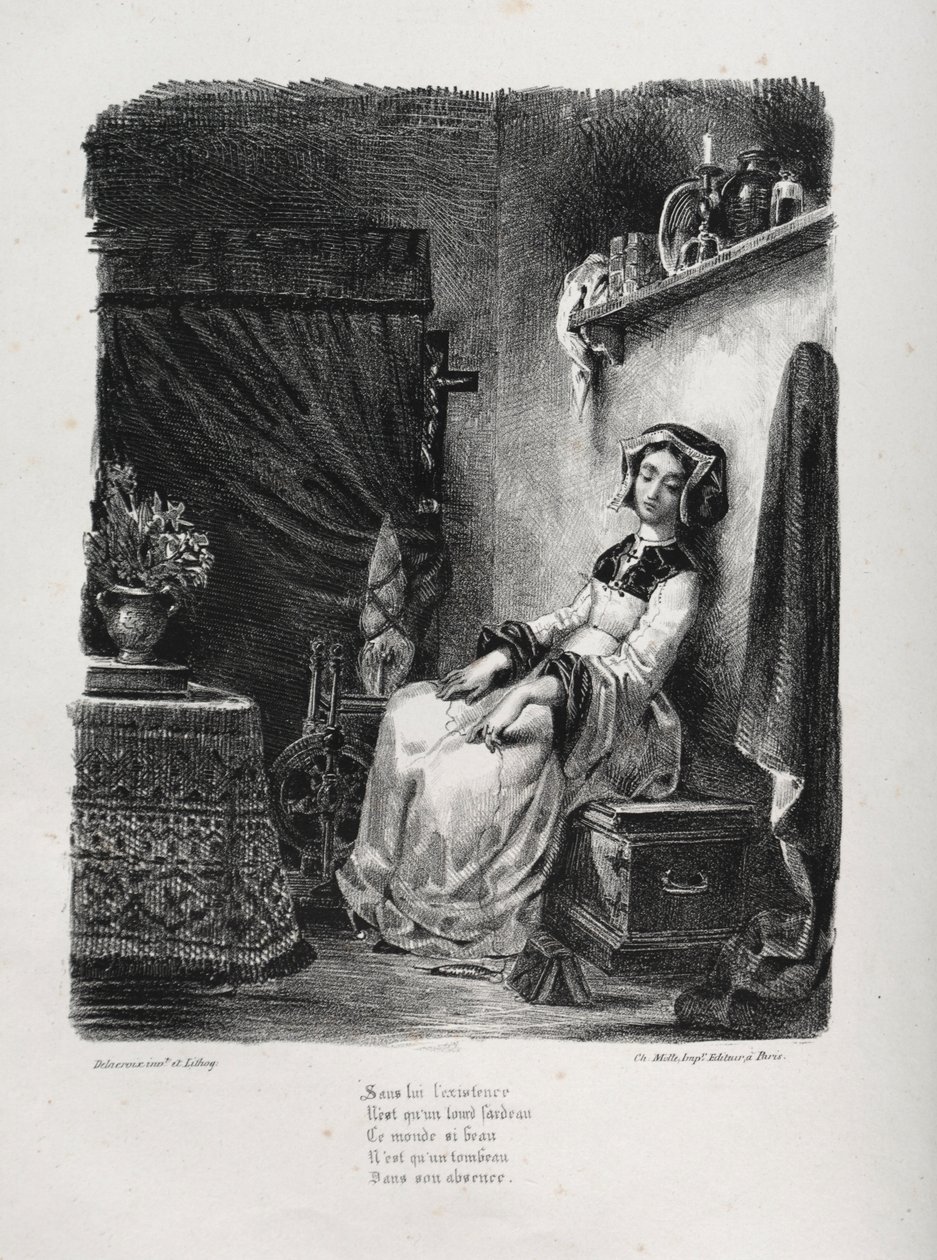 Ilustrações para Faust: Marguerite com a roda, 1828. de Ferdinand Victor Eugene Delacroix