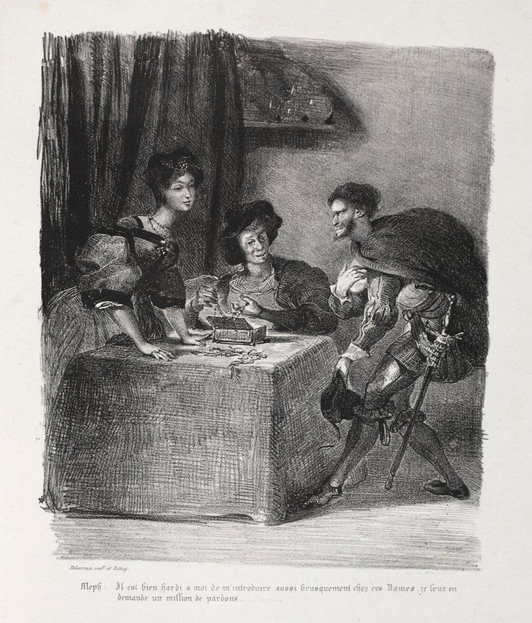 Ilustrações para Faust: Méphistophelés está em Marthe, 1828. de Ferdinand Victor Eugene Delacroix