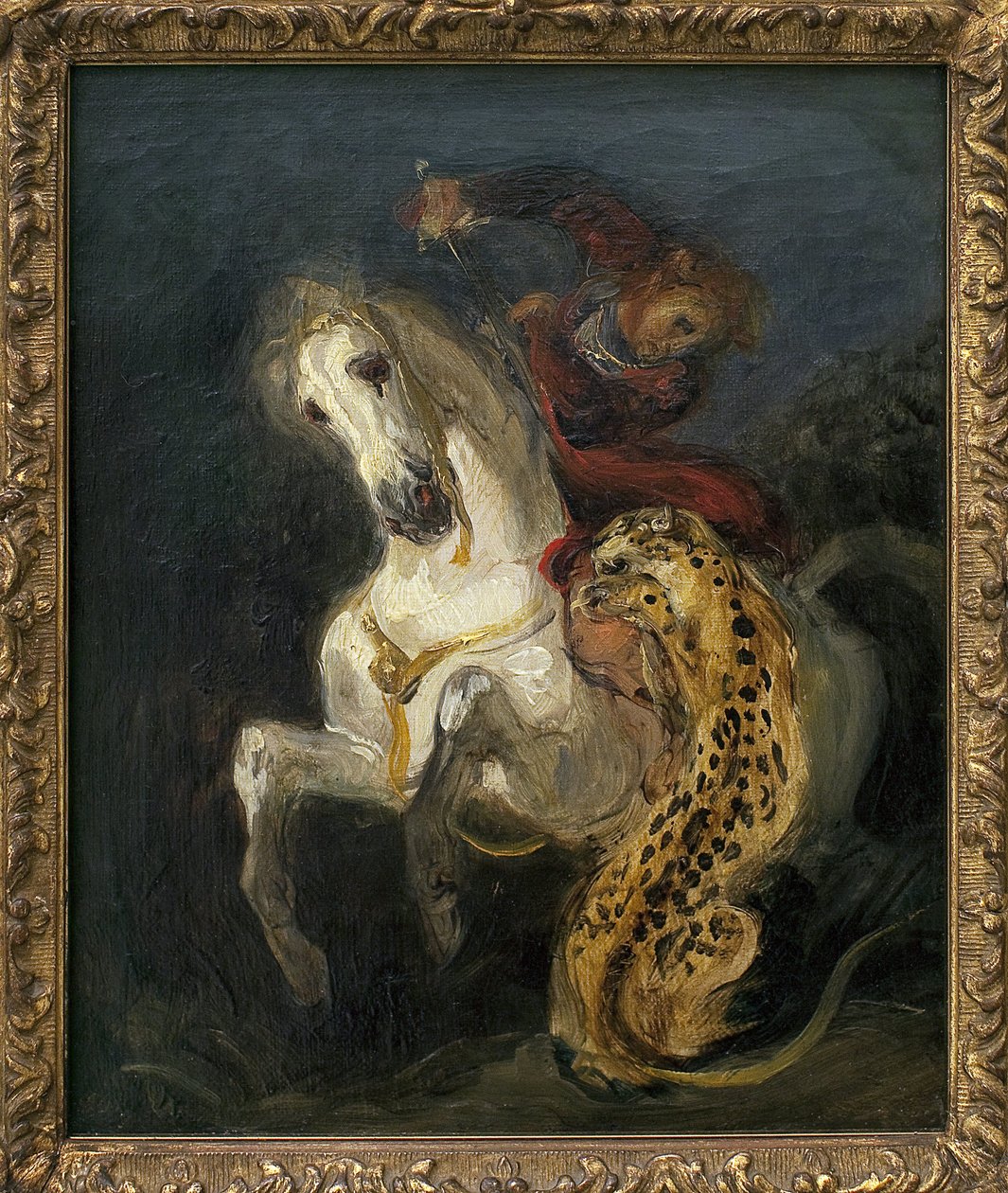 Jaguar a atacar um cavaleiro. Pintura por Eugene Delacroix (1798-1863), Oil On Canvas de Ferdinand Victor Eugene Delacroix