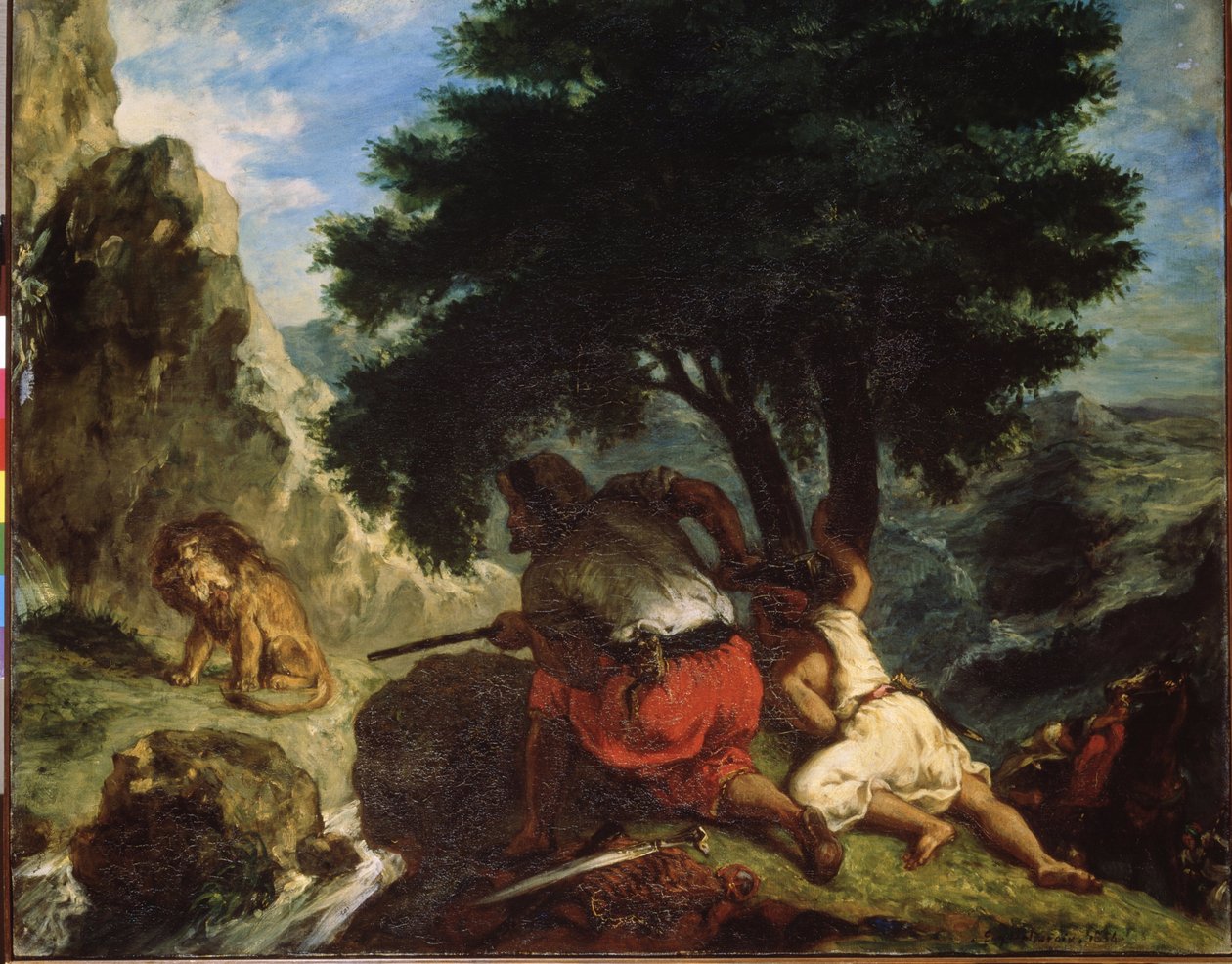 ""A Caça ao Leão em Marrocos"" (Caça ao Leão em Marrocos) Pintura de Eugene Delacroix (1798-1863) 1854 Orientalismo Dim. 74x92 cm Museu Hermitage, São Petersburgo de Ferdinand Victor Eugene Delacroix