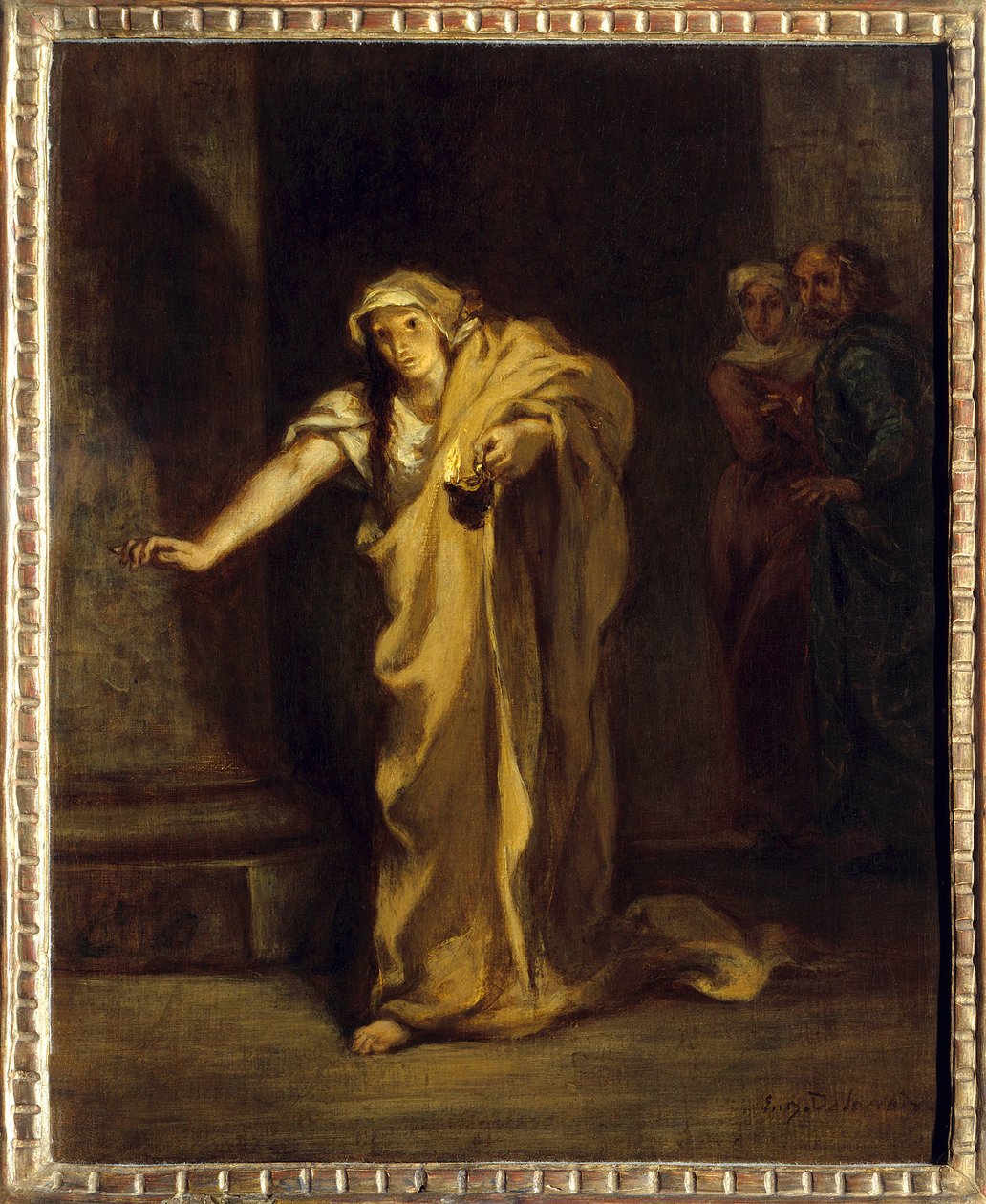 Lady Macbeth sonâmbula Ilustração da obra homônima de William Shakespeare (1564-1616). Pintura de Eugene Delacroix (1798-1863) 1850 Sol. 0,40 x 0,32 m Fredericton. Galeria de Arte Beaverbrook de Ferdinand Victor Eugene Delacroix