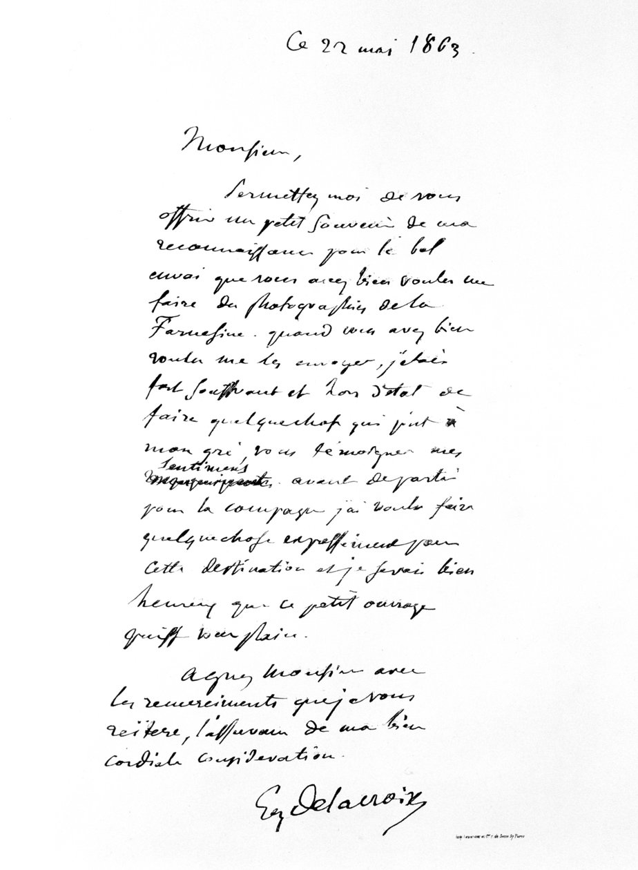 Carta assinada por Eugene Delacroix, artista romântico francês, 1863 de Ferdinand Victor Eugene Delacroix