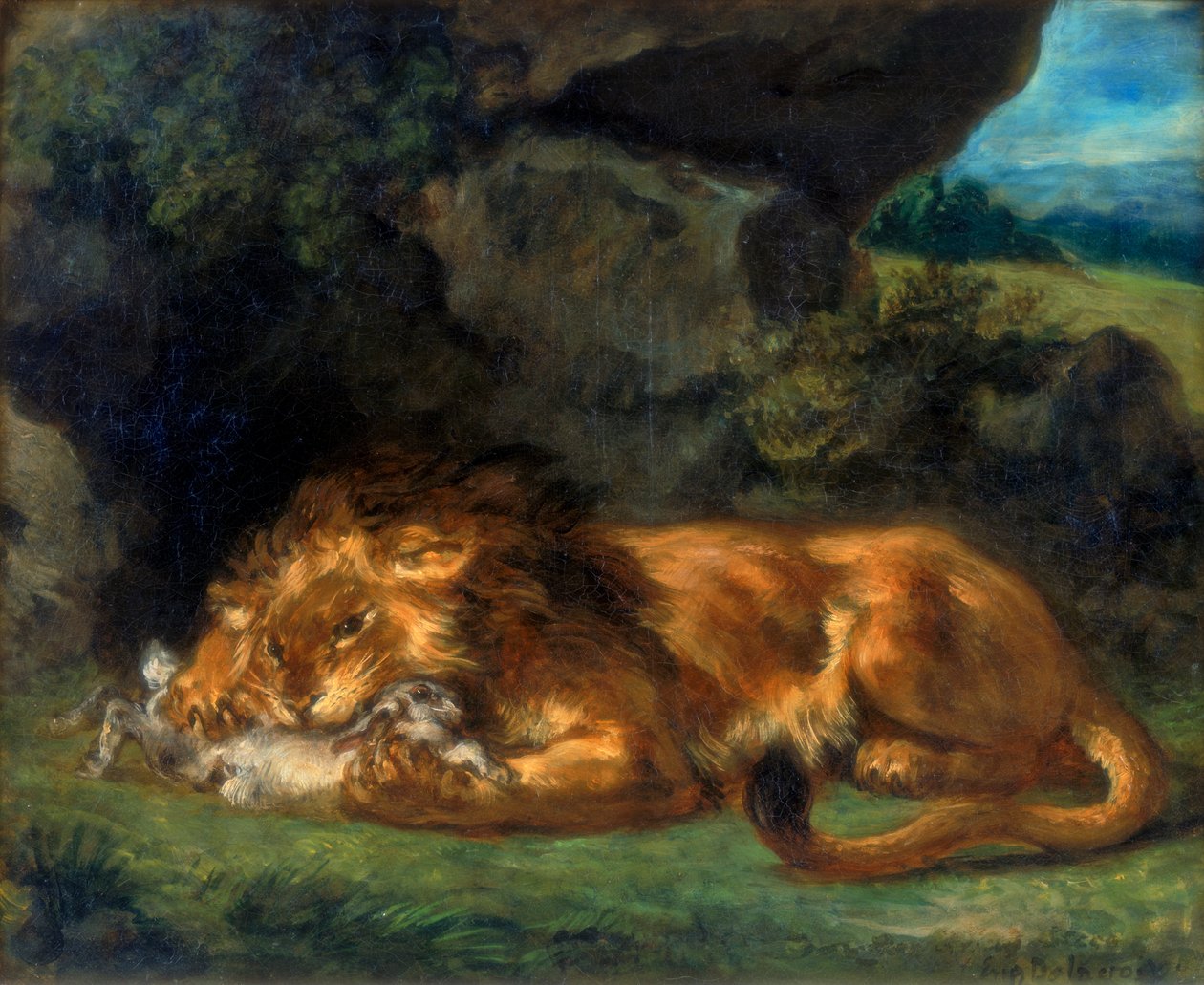 Leão devorando um coelho, século XIX de Ferdinand Victor Eugene Delacroix