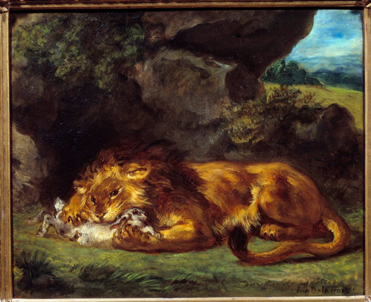 Um leão a bater num coelho. Pintura de Eugene Delacroix (1798-1863) de Ferdinand Victor Eugene Delacroix