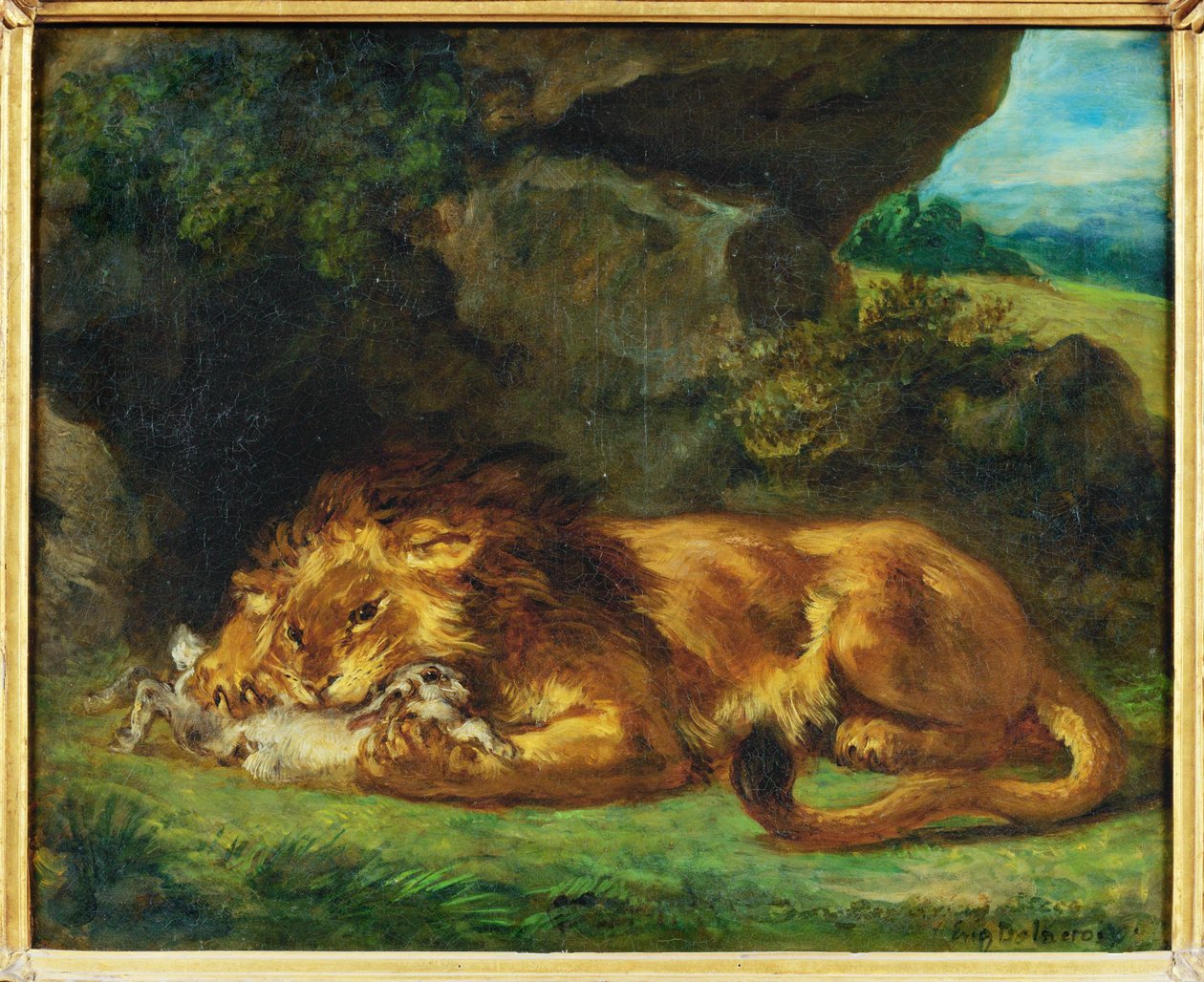 Leão a devorar um coelho - um leão a devorar uma lebre ... de Ferdinand Victor Eugene Delacroix