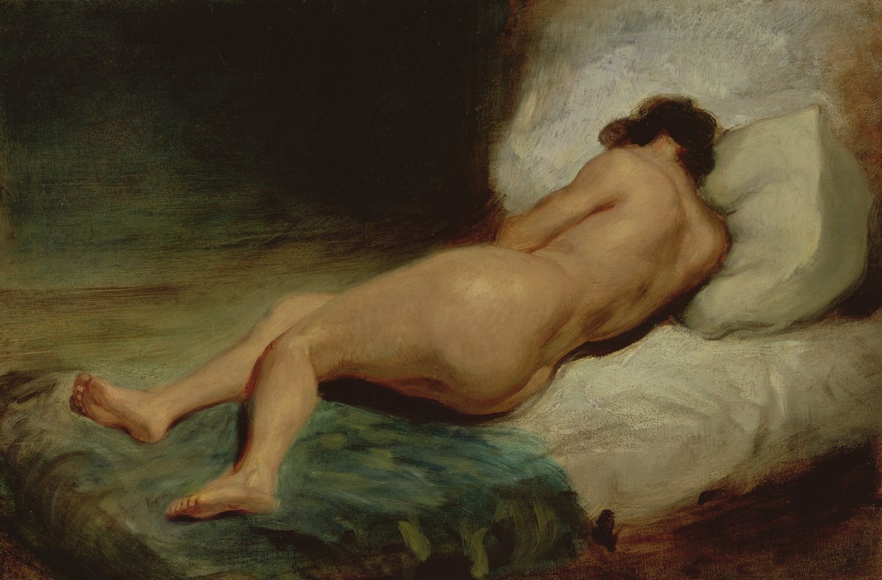 Mulher nua, mentindo, ligado, um, cama de Ferdinand Victor Eugene Delacroix