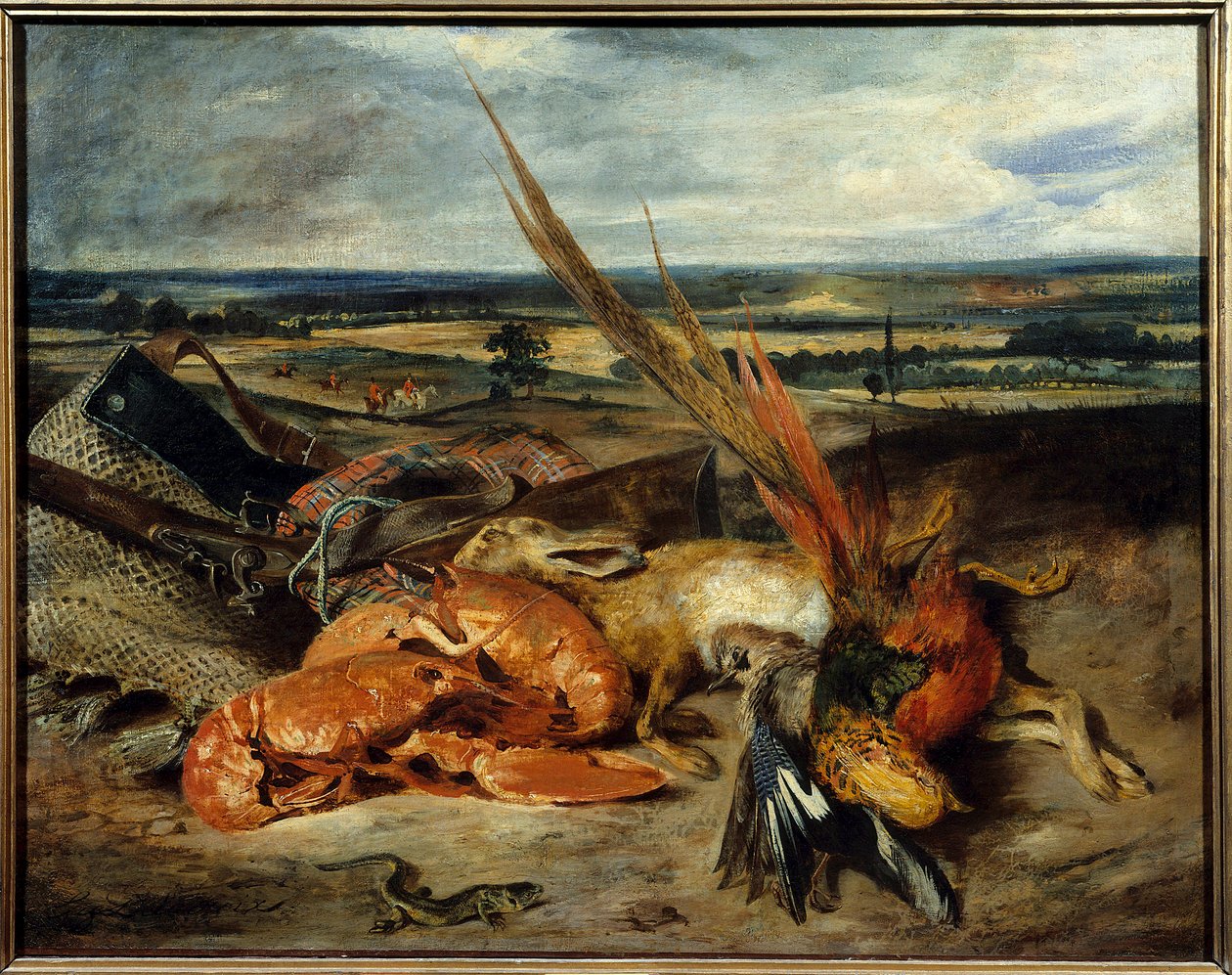 Pintura de natureza morta com lagosta e troféus de caça e pesca Pintura de Eugene Delacroix (1798-1863) 1827 Sol. 0,80 x 1,06 m Paris. Museu do Louvre de Ferdinand Victor Eugene Delacroix