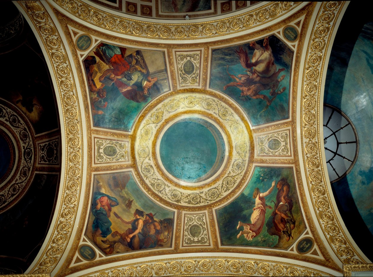 Poesia: Ovídio entre os bárbaros, Alexandre e os poemas de Homero, educação de Aquiles, o poeta grego Hesíodo e a musa" Pintura de Eugene Delacroix (1798-1863) decorando a quinta cúpula da biblioteca da Assembleia Nacional, por volta de 1846. Palais de Ferdinand Victor Eugene Delacroix