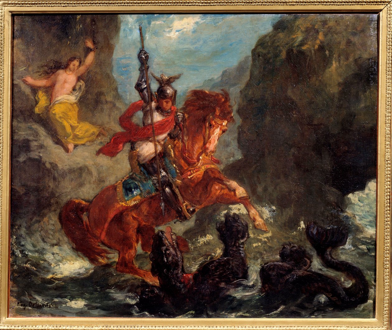 Roger delivrant Angelique (Angelica) entregue a um monstro por piratas é libertado por Roger (Ruggero, Ruggiero) cavalga numa hippogriffe - Ilustração para "O Roland Furioso" (Orlando Furioso) de Ludovic Ariosto (Arioste) - Pintura de Eugene Delacroix ( de Ferdinand Victor Eugene Delacroix