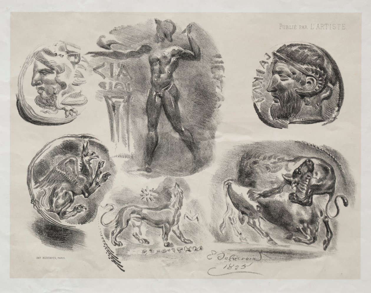 Folha com Seis Medalhas Antigas, 1825. de Ferdinand Victor Eugene Delacroix