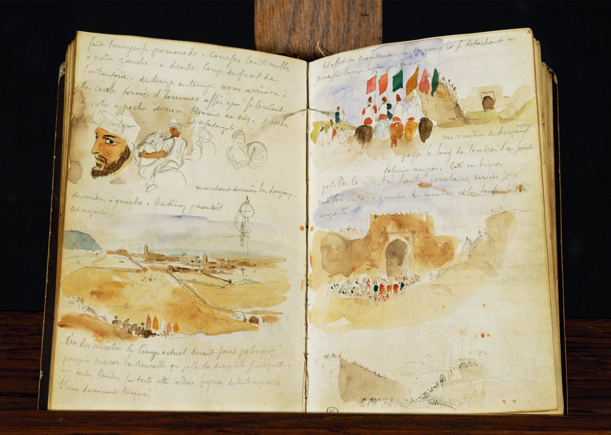 Esboços de árabes, paisagens de Marrocos, multidões árabes, Porta de Meknes e notas manuscritas ... de Ferdinand Victor Eugene Delacroix