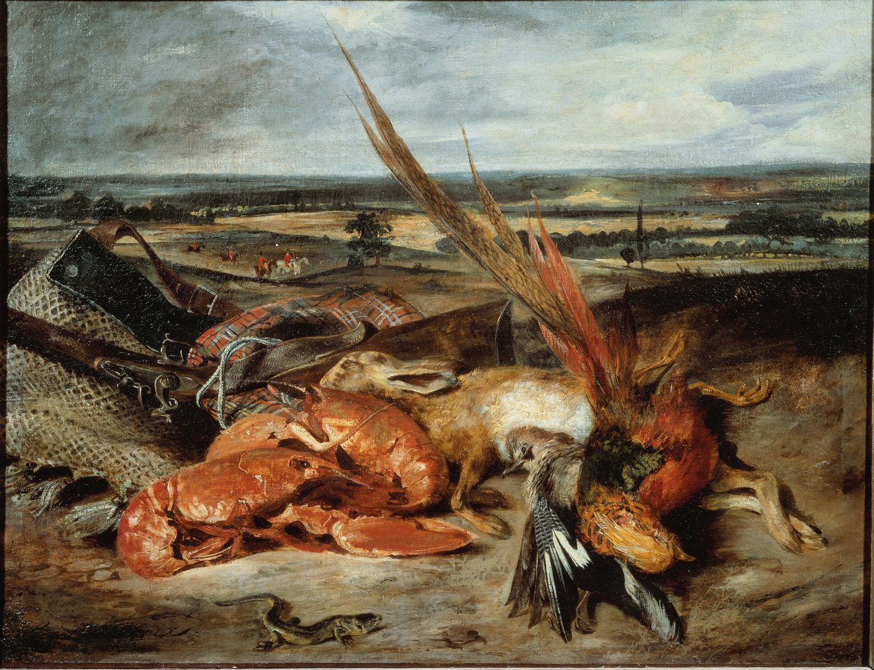Natureza morta com lagosta e troféus de caça e pesca - óleo sobre tela de Ferdinand Victor Eugene Delacroix