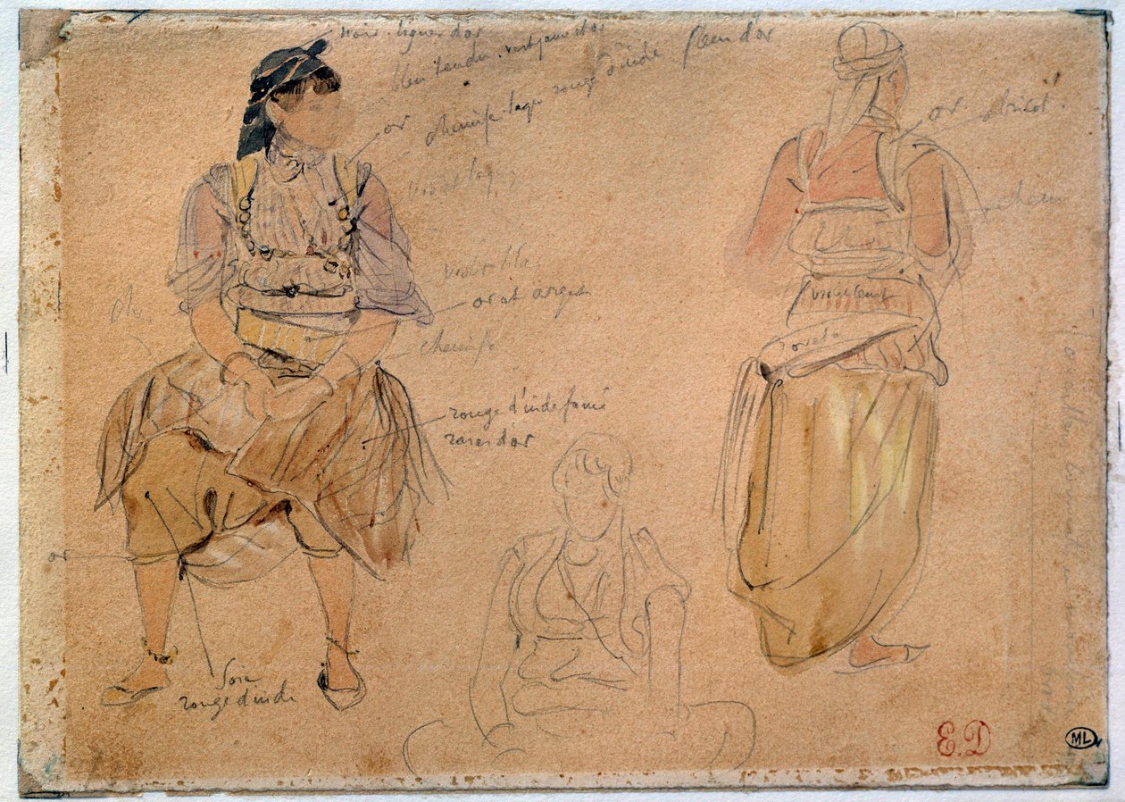 Estudos de Mulheres Árabes Desenhando uma mina de chumbo com aquarela por Eugene Delacroix (1798-1863) 1832 Paris, Museu do Louvre de Ferdinand Victor Eugene Delacroix