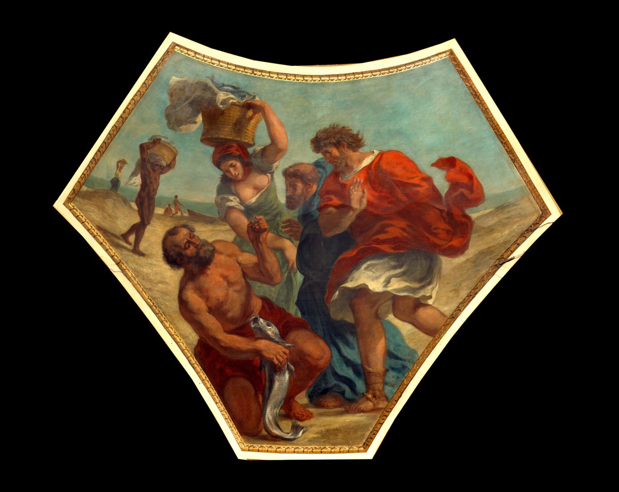 O dracma do tributo encontrado por São Pedro na audiência de um peixe Este dinheiro será usado para pagar o imposto ao coletor na entrada da cidade de Capharnaum (ou Kefar Nahum, cidade da Galiléia, auj. em Israel). Pintura de Eugene Delacroix (1798-1 de Ferdinand Victor Eugene Delacroix