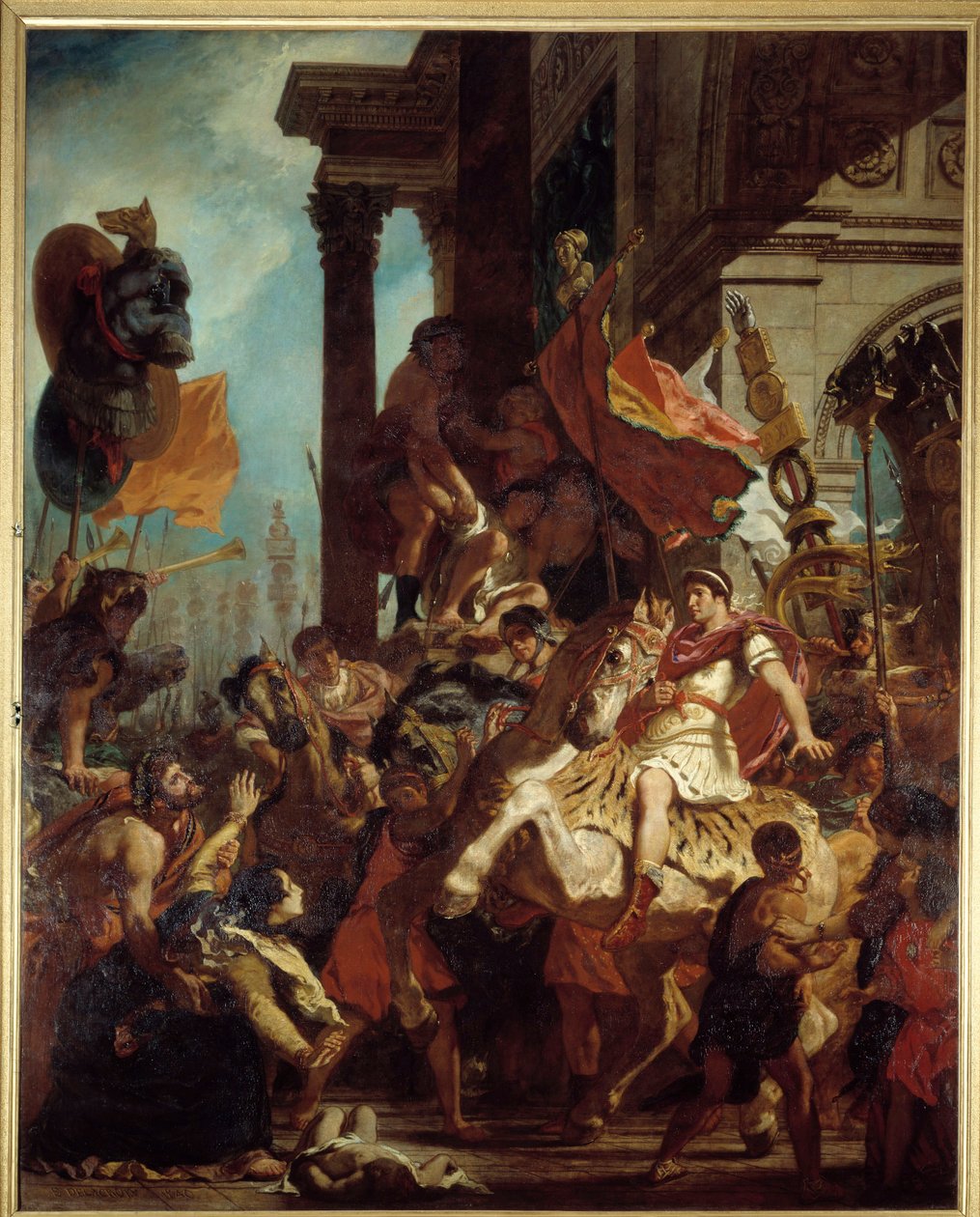 A Justiça de Trajano Uma viúva cujo filho foi morto pede justiça ao Imperador Trajano (Marcus Ulpius Trajano, 53-117) partindo para a guerra. Ilustração do Puragatório em "La Divina Commedia" (Divina Comeide) de Dante Alighieri (1265-1321) Pintura de Eug de Ferdinand Victor Eugene Delacroix