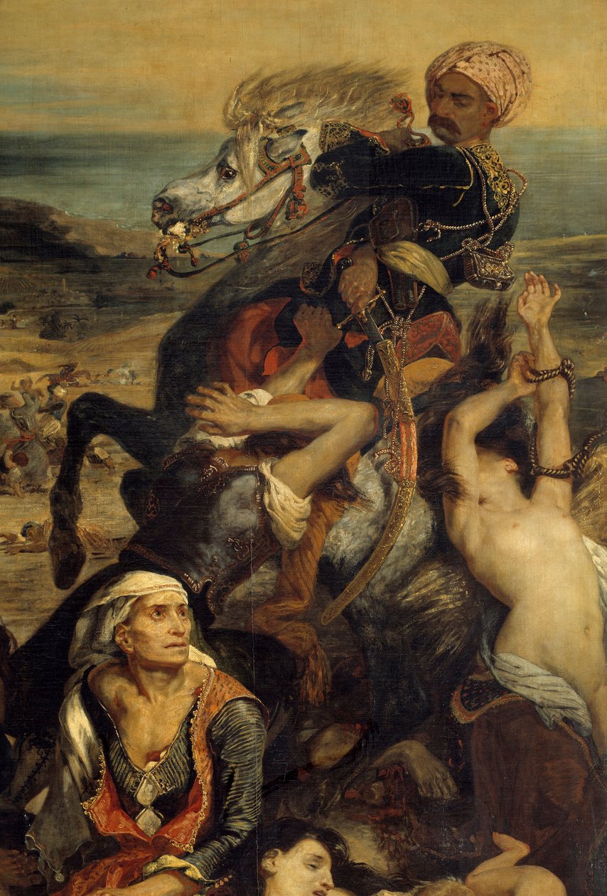 Os massacres de Scio. Cena que retrata a guerra de independência grega contra os otomanos: Civis gregos à espera da morte ou da escravatura, Detail. Pintura de Eugene Delacroix (1798-1863) de Ferdinand Victor Eugene Delacroix