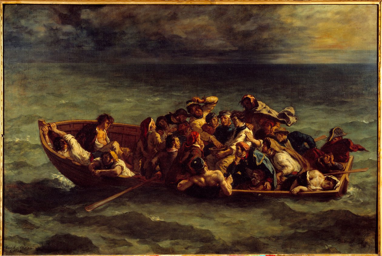 O afundamento de "Don Juan". Ilustração do livro de George Gordon Byron chamado Lord Byron (1788-1824) "Don Juan", canção II. Pintura de Eugene Delacroix (1798-1863) de Ferdinand Victor Eugene Delacroix