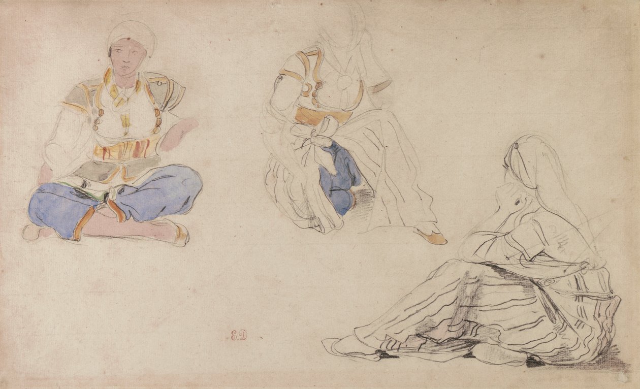 Três estudos de uma rapariga marroquina sentada (chumbo preto e aguarela sobre papel) de Ferdinand Victor Eugene Delacroix