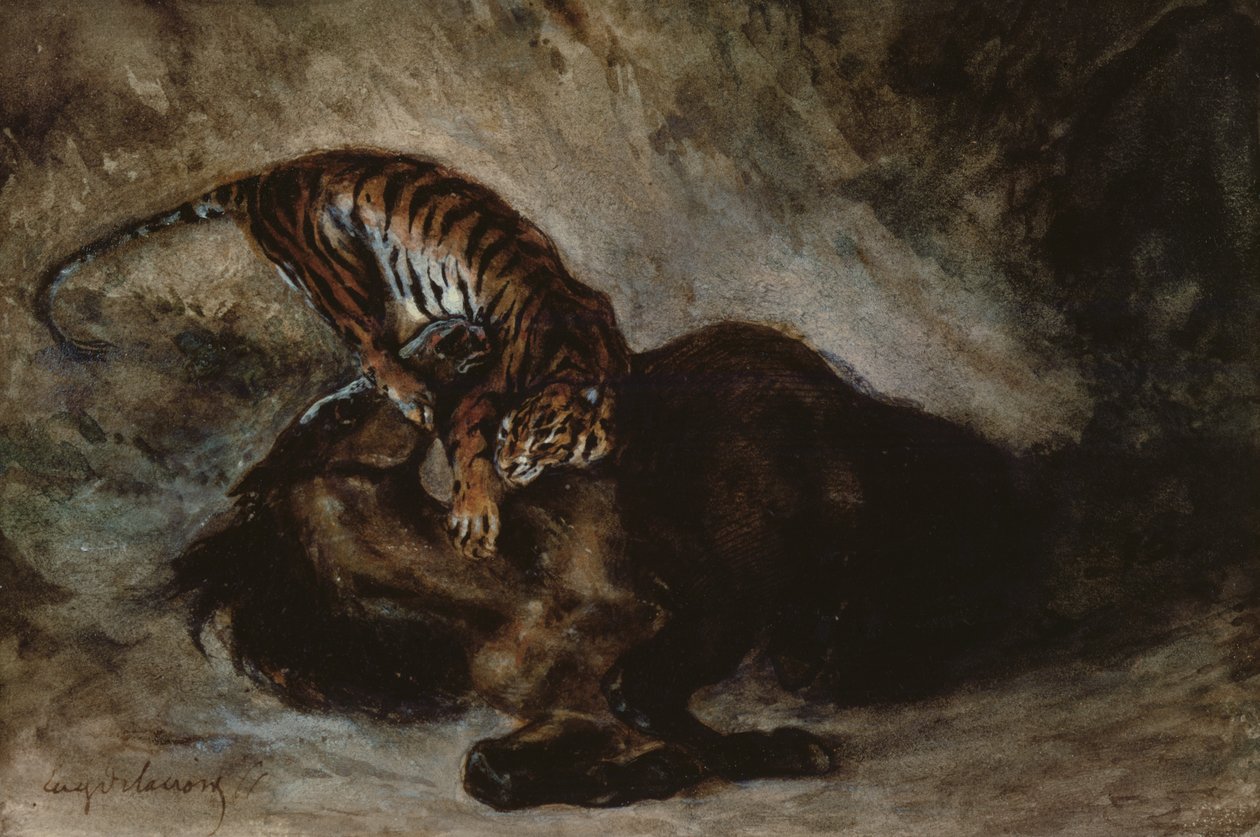 Tigre atacando um cavalo (wc no papel) de Ferdinand Victor Eugene Delacroix