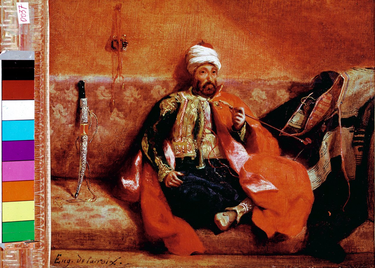 Turco fumando em um sofá. Pintura de Eugene Delacroix (1798-1863) de Ferdinand Victor Eugene Delacroix