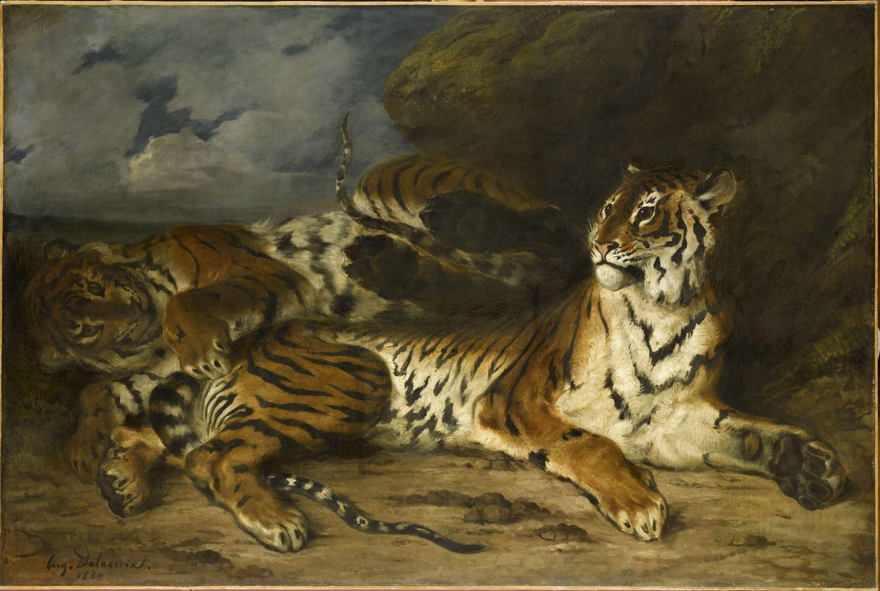 Jovem tigre brincando com sua mãe, 1830. de Ferdinand Victor Eugene Delacroix