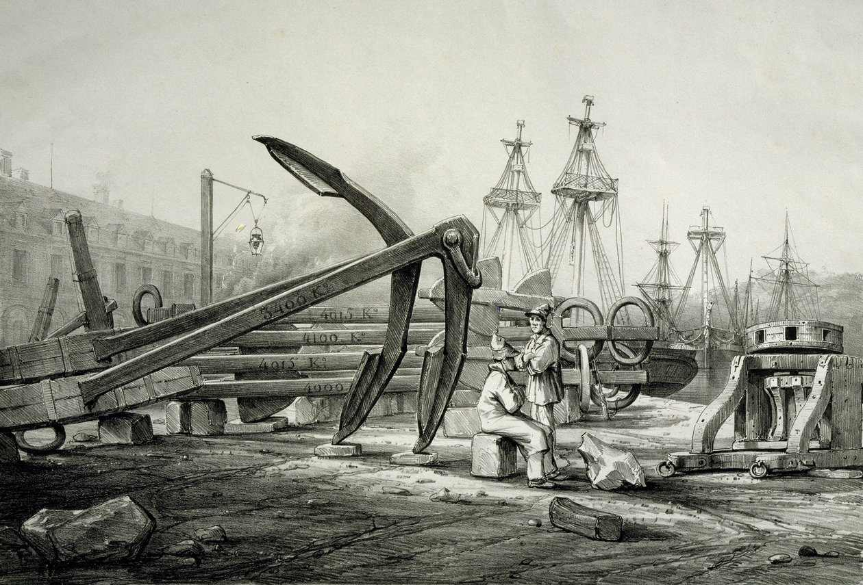 Âncoras nos estaleiros navais, por Ferdinand Perrot, litografia de Ferdinand Victor Perrot