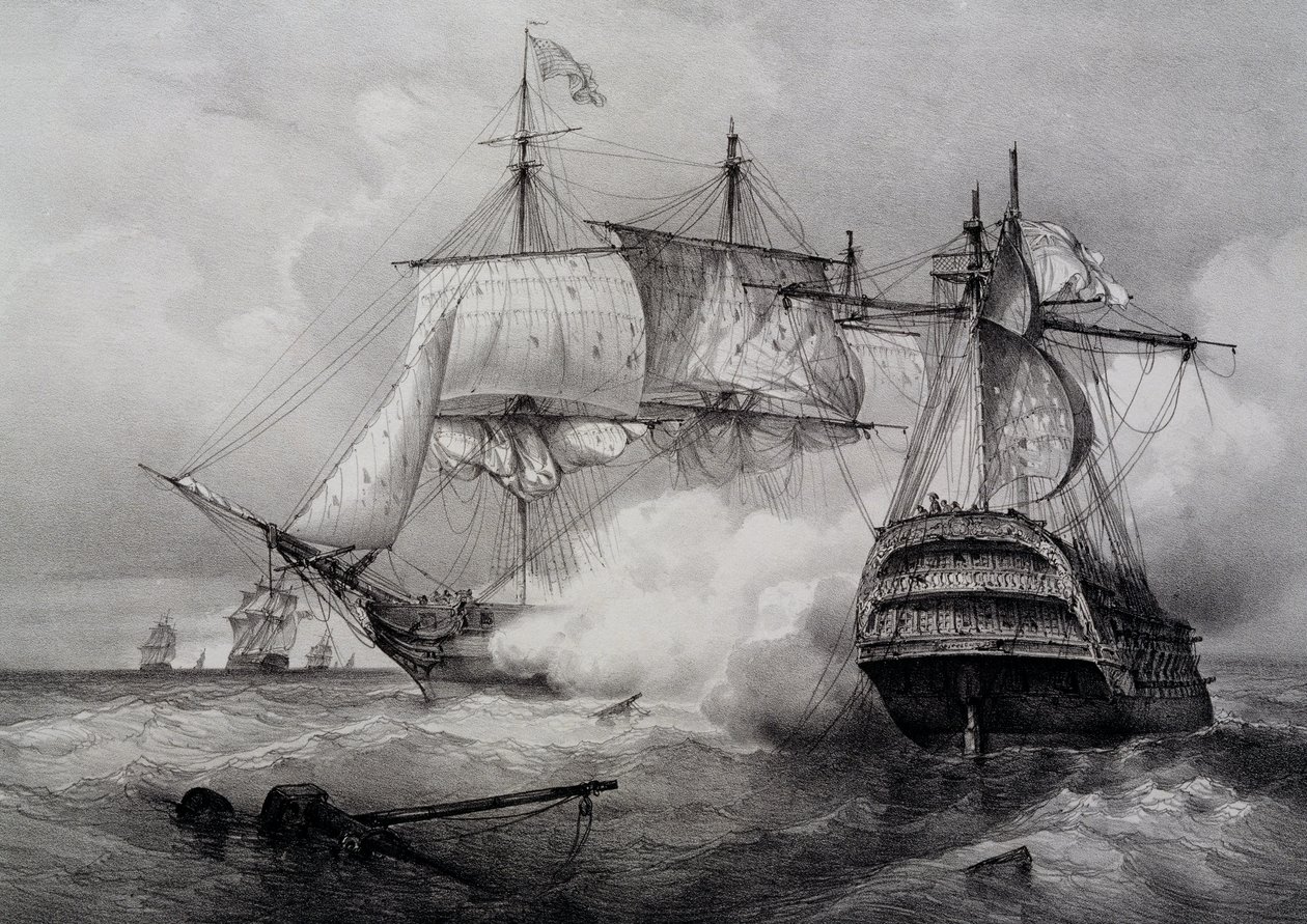 Batalha entre navio americano de 74 tiros e fragata britânica, litografia de Ferdinand Perrot de Ferdinand Victor Perrot